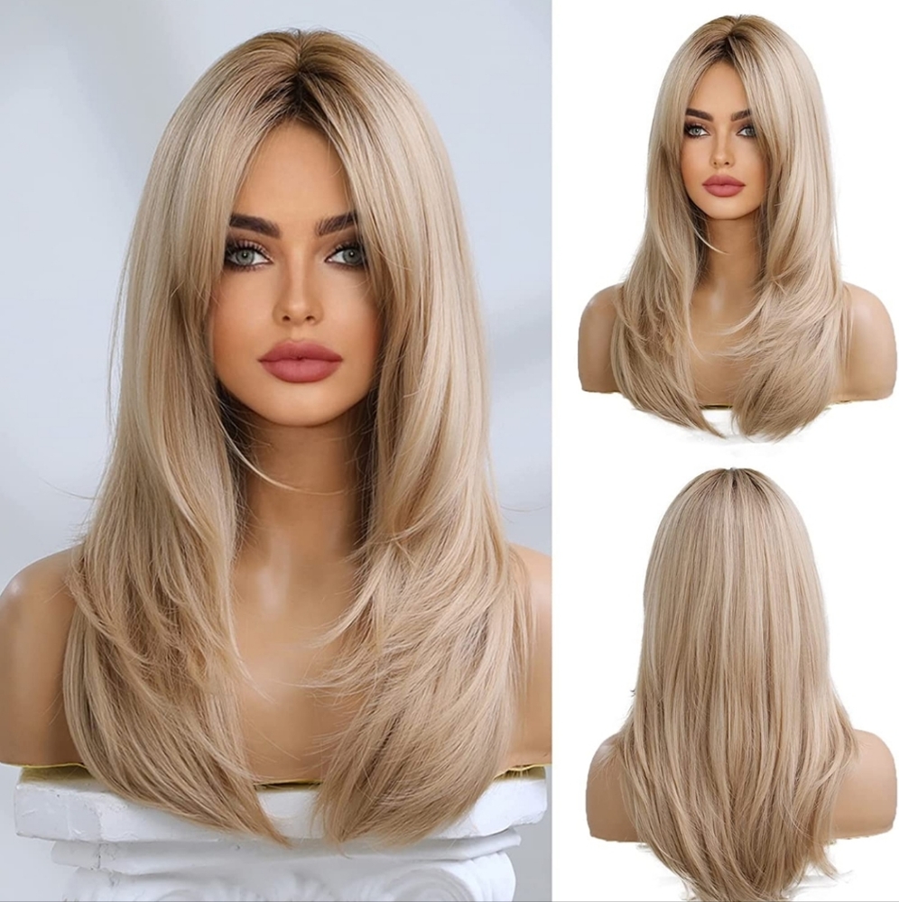 20 Inches Long Straight Blonde Wig for Women Layered Synthetic Hair